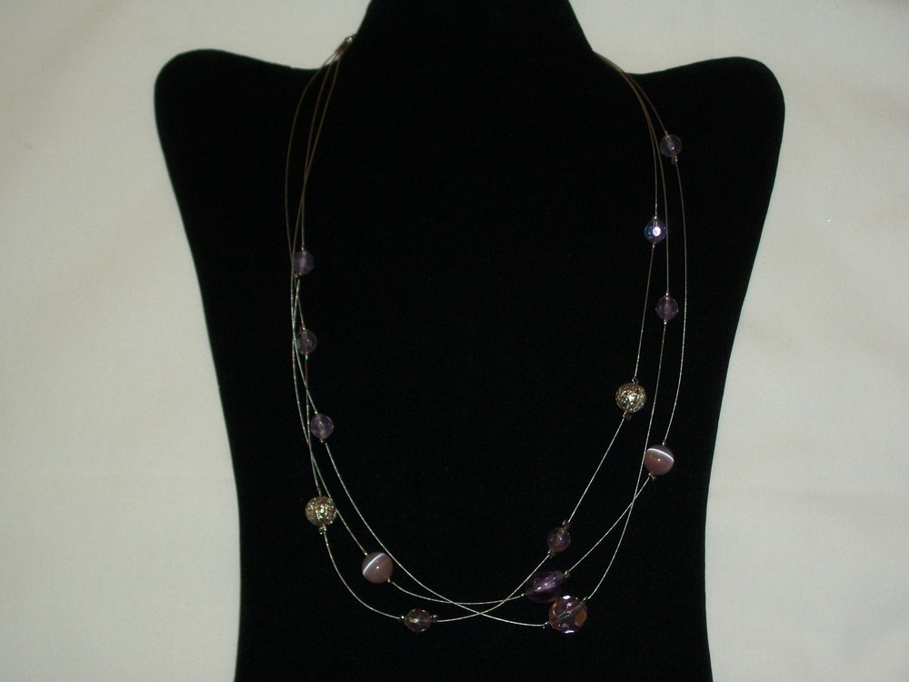 FASHION STYLE WIRE SILVER TONE 3 TIER BEADED NECKLACE JEWELRY LAVENDER COLOR   !