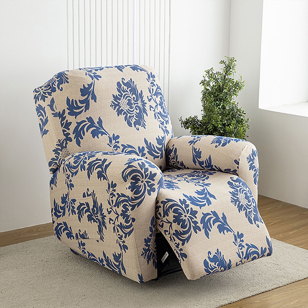 Printed stretch recliner cover, side pockets, home decor protection, stylish