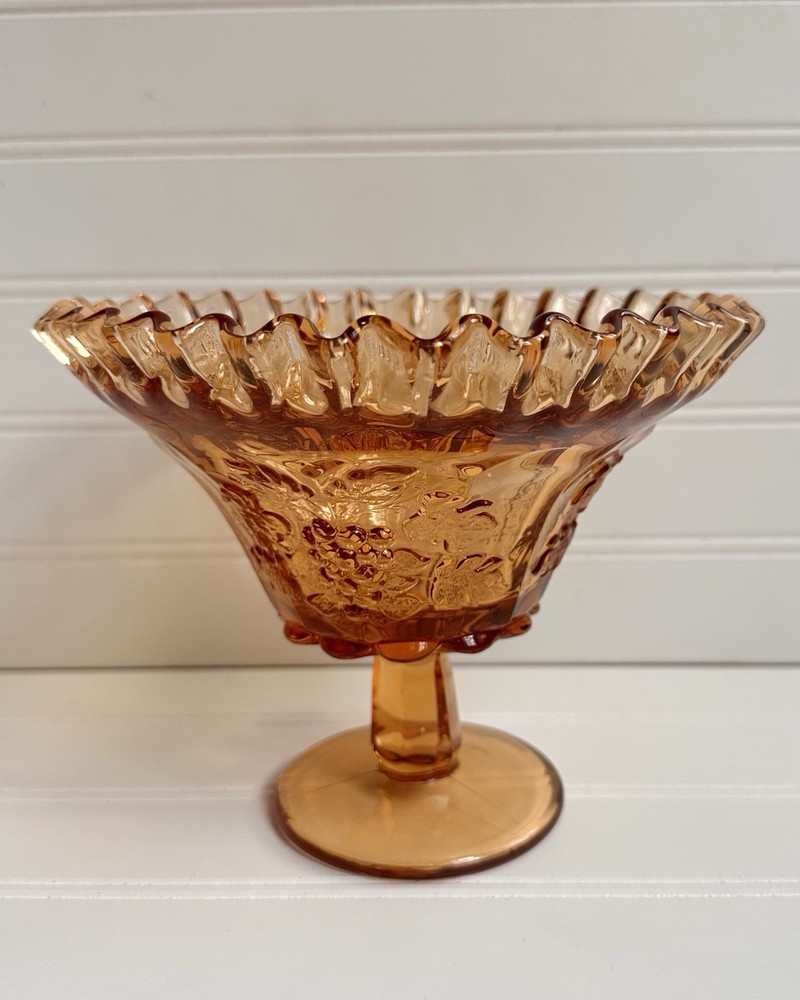 Vintage Westmoreland Amber Glass 7-inch Candy Dish with Fruit & Leaves Pattern  