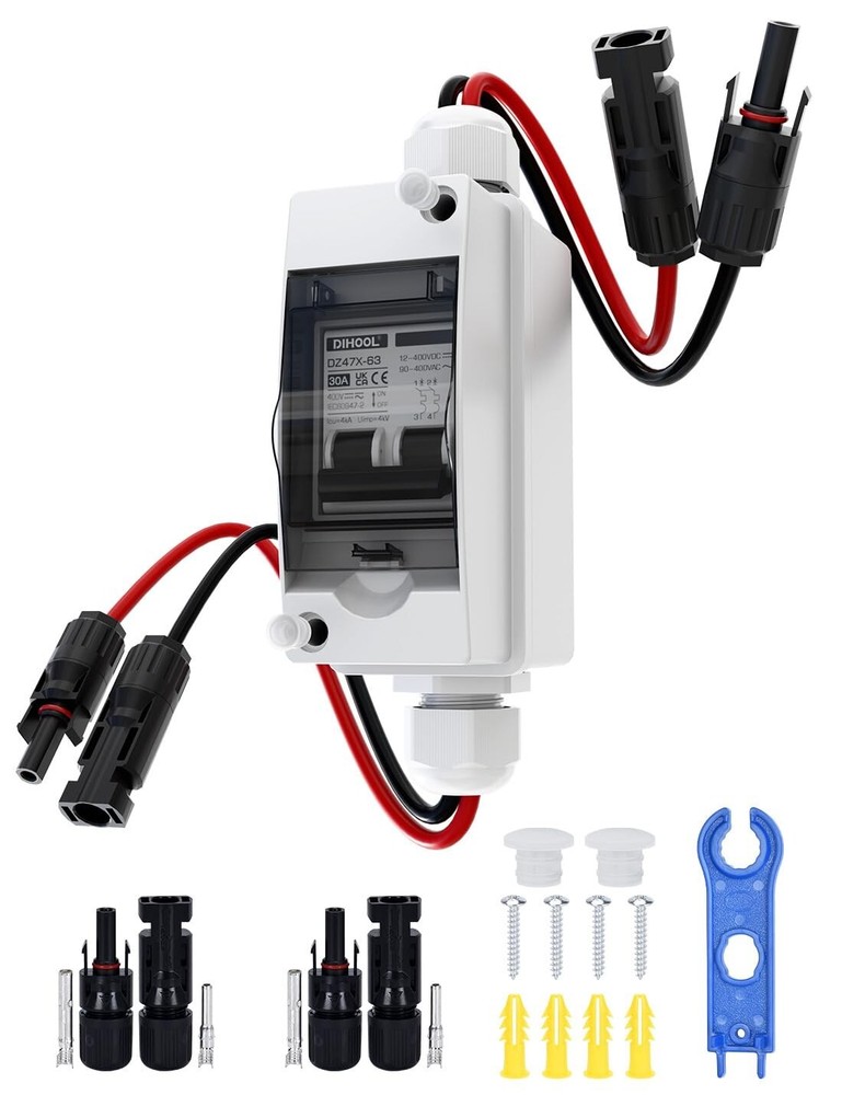 DIHOOL Solar Panel Disconnect Switch 30 Amp Breaker Box, DC Circuit Breaker, AC