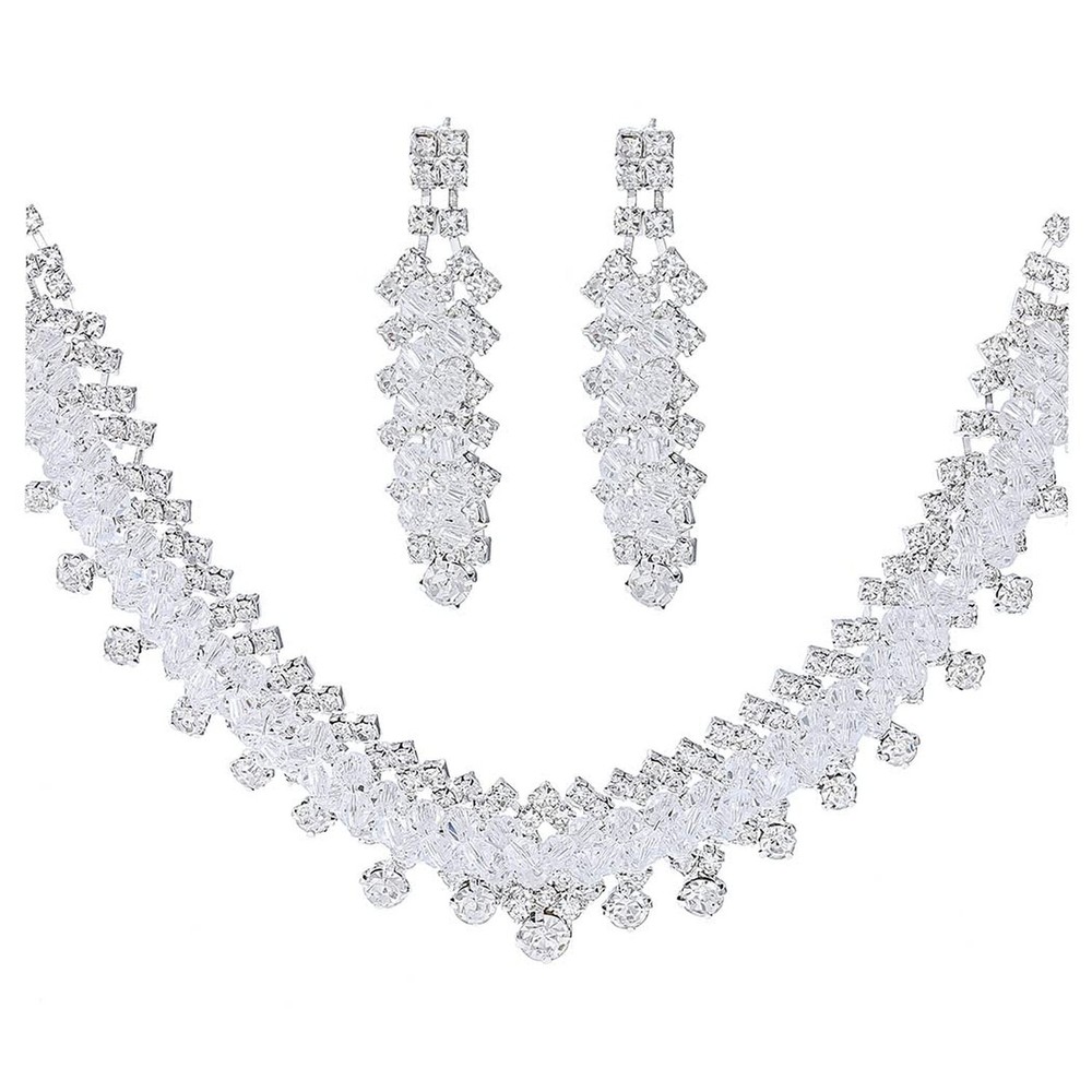 Rhinestone Crystal Necklace and Earrings Set Silver Prom Jewelry for Women