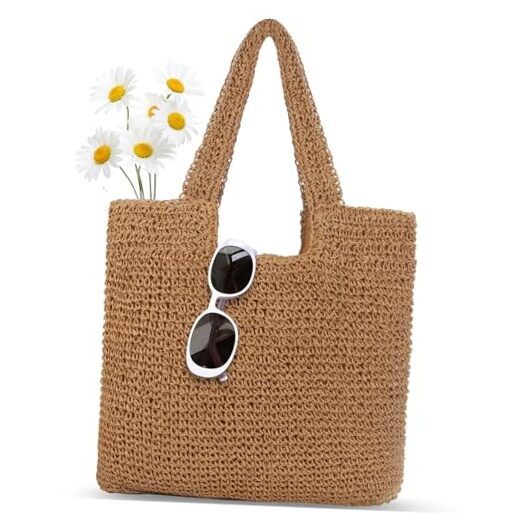 Large Khaki Woven Raffia Straw Beach Tote Bag for Women Summer Handbag