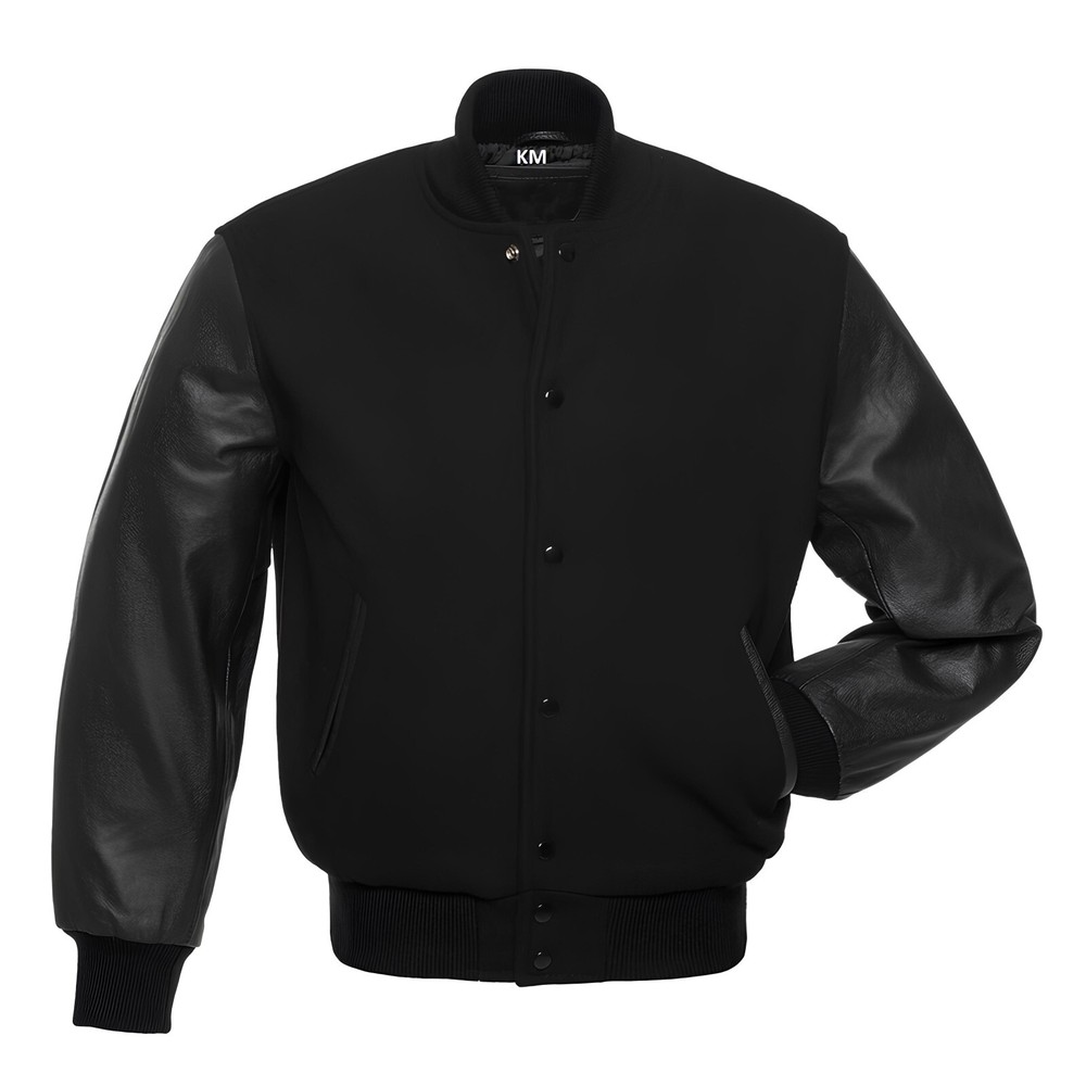 Custom Black Varsity Jacket with Leather Sleeves for Men Size M-image