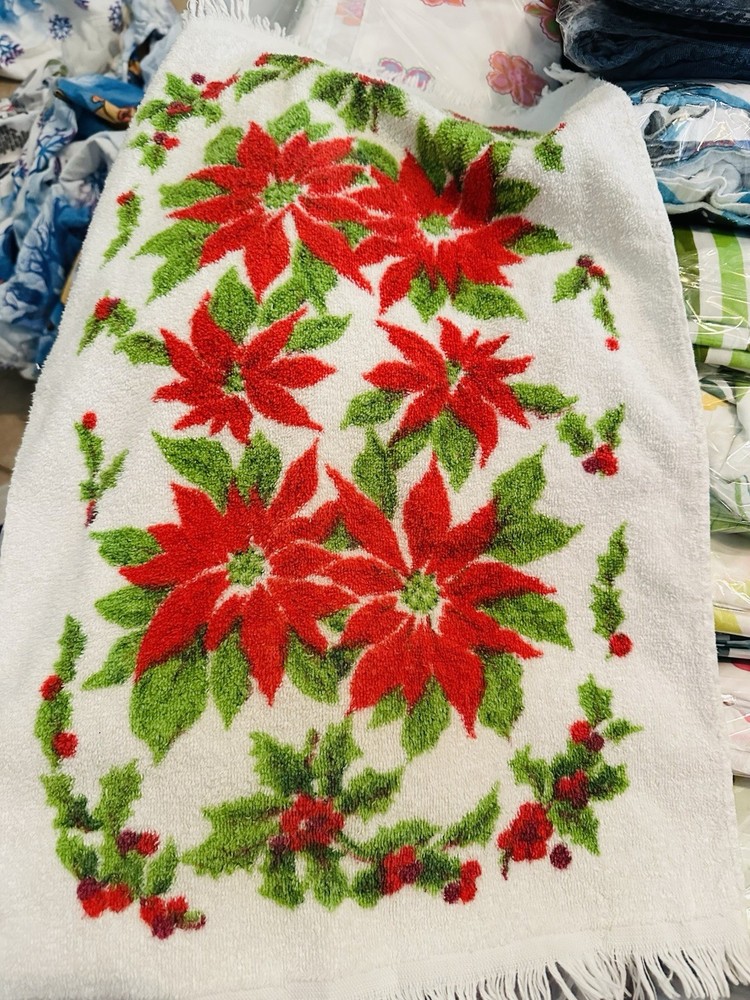 Vintage Christmas Poinsettia Print Decorative Hand Towel