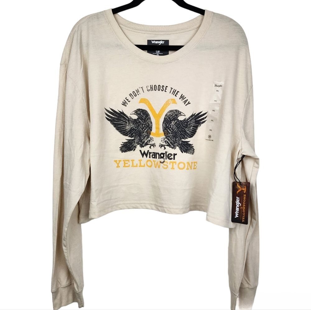 Wrangler Yellowstone T-Shirt Cream Yellowstone Graphic Crop Top Long Sleeve XXL