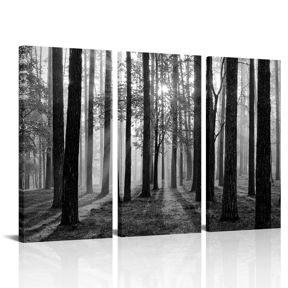 Visual Art Decor 3 Pieces Black and White Forest Wall Art Foggy Forest Pictur...-image
