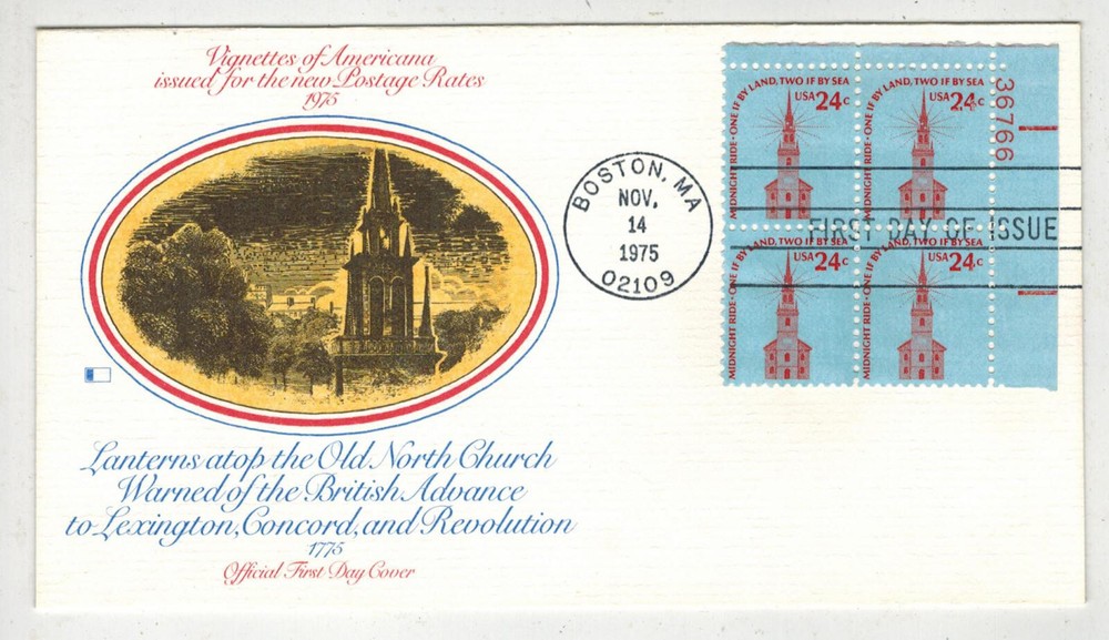 1975 Americana Series 24c Old North Church Boston MA Block 1603 Right Plate