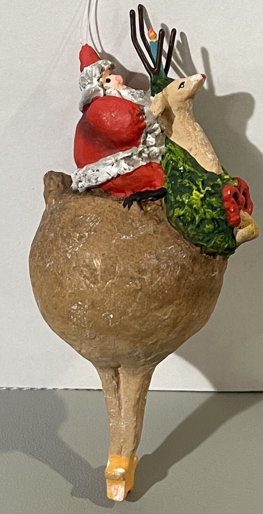 VTG inspired Santa Riding Reindeer, Hand Painted Plastic Mold, xmas Ornament