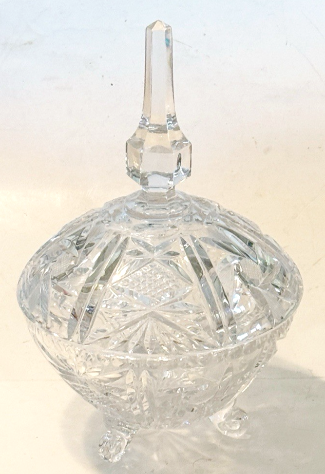 Vintage Elegant Clear Crystal Cut Glass Three Footed Candy Dish w/Lid Diamonds