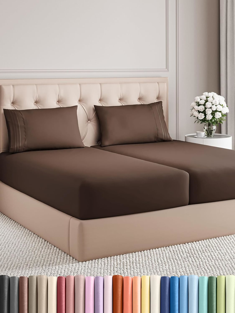Split King Cooling Bed Sheet Set - Soft, Wrinkle-Free, Brown, 5-Piece