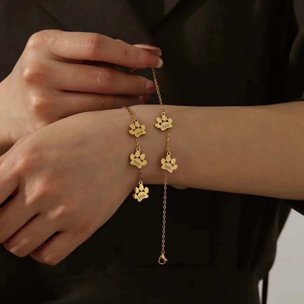 Customizable 1-4 Name Pet Paw Print Bracelet in Gold for Cats & Dogs-image