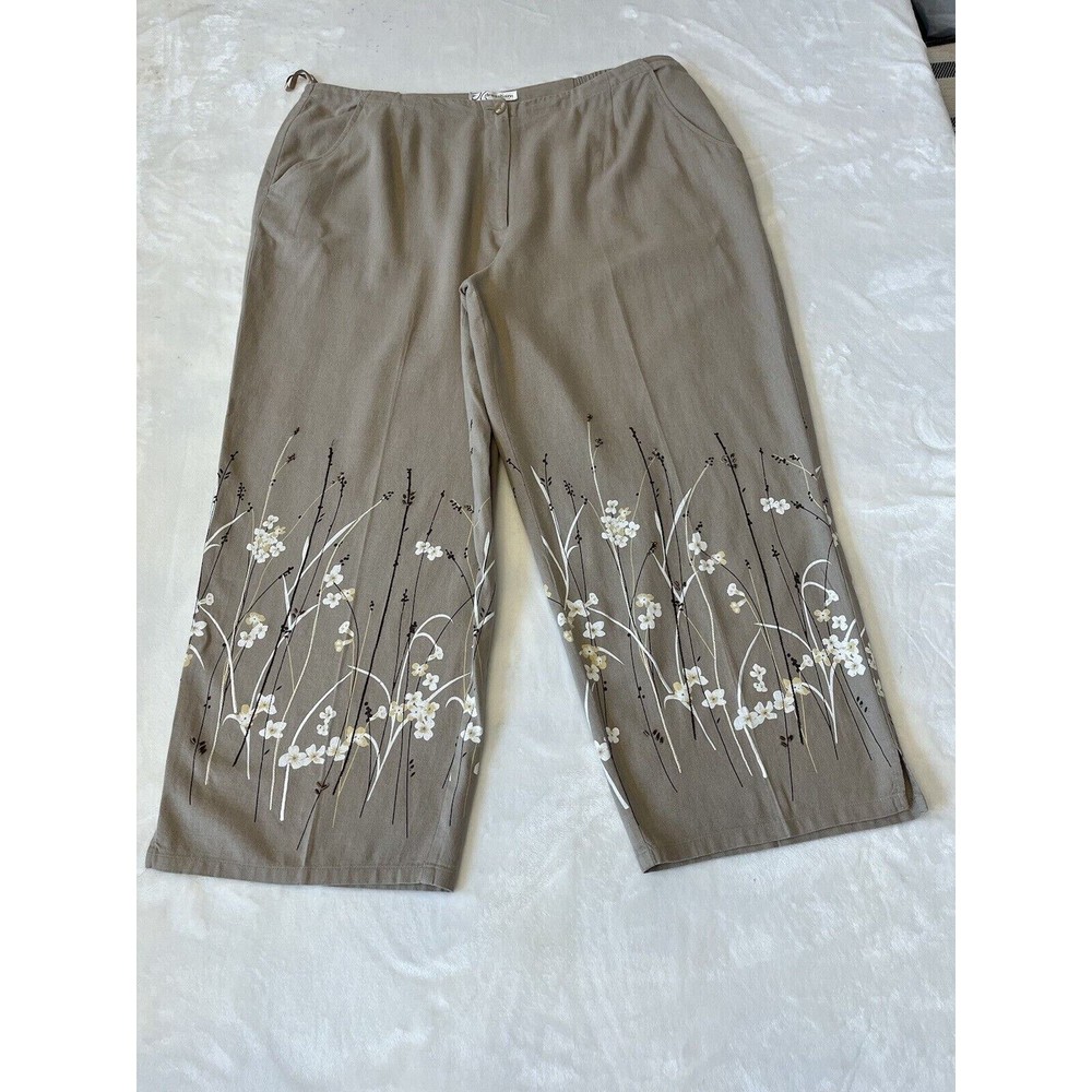 Dressbarn Womens Floral Linen Blend Pull-On Crop Pant Sz XL Khaki