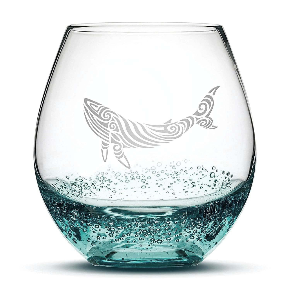 Tribal Whale Design Stemless Wine Glass, Handmade, Handblown, Hand Etched Gifts,