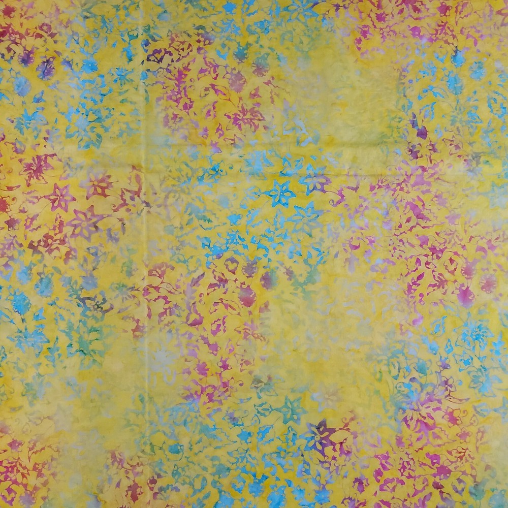Lemon Yellow Floral Print Batik Quilting Fabric 1 yard Lemonade Pink and Blue