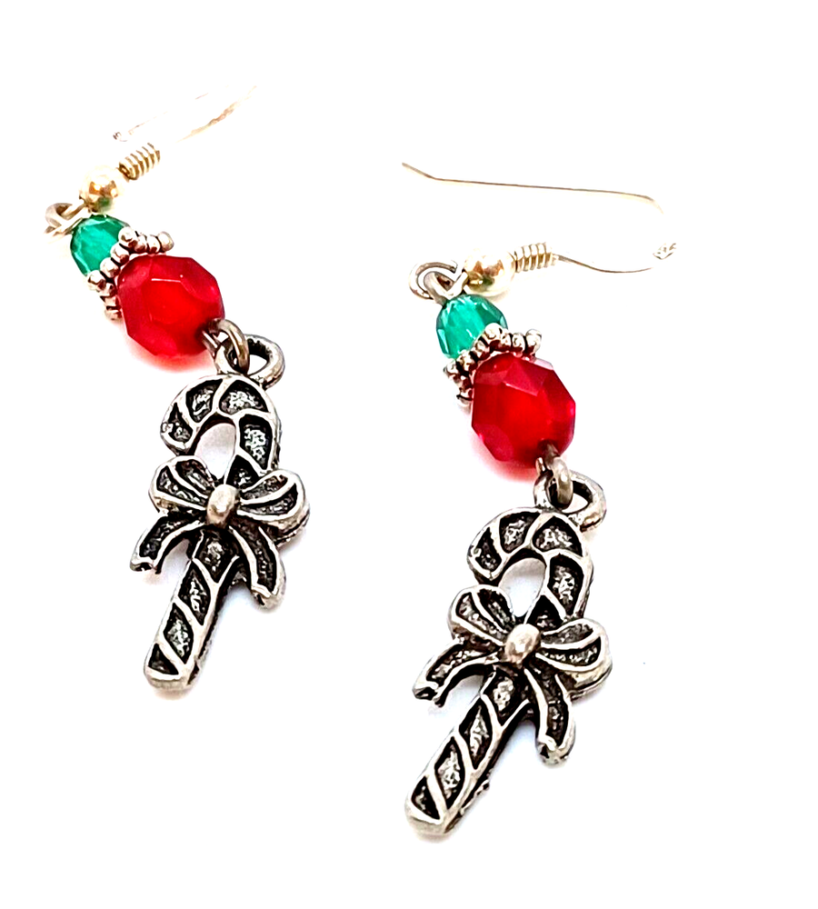 Festive Candy Cane Dangle Earrings with Silver Bow & Red Green Beads 2 Inch