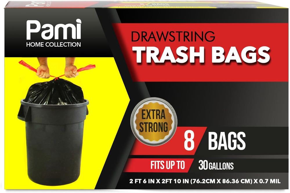 Large 30-Gallon Drawstring Trash Bags [8-Pack, Black] - Multipurpose Extra-Stron
