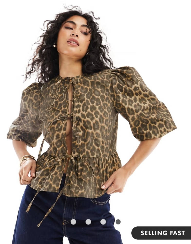 NWOT Noisy May Cotton Poplin Tie Front Top in Leo Print Size M/8-10 Orig $51