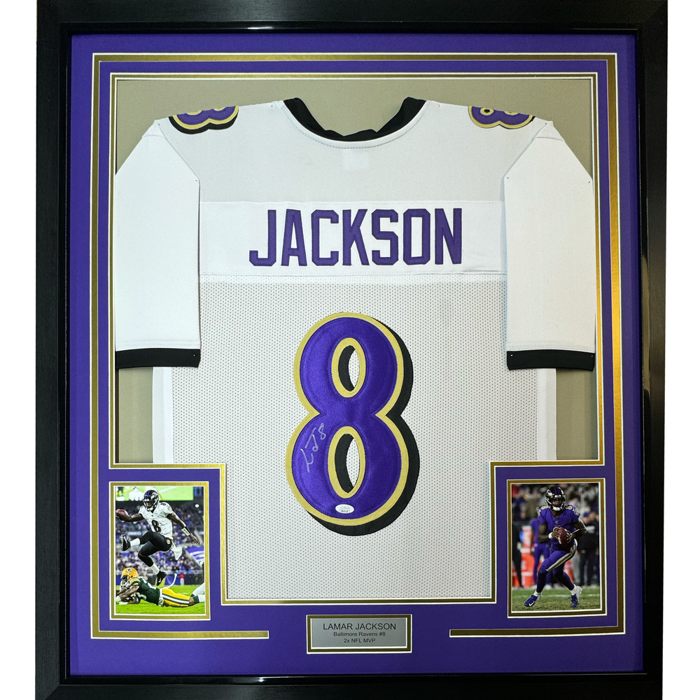 FRAMED Autographed/Signed LAMAR JACKSON 33x42 Baltimore White Jersey JSA COA