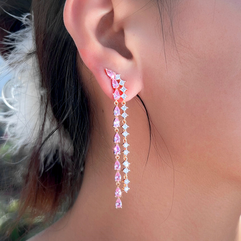 Elegant Gold Plated Long Pink Tassel Zircon Drop Earrings Women Banquet Jewelry