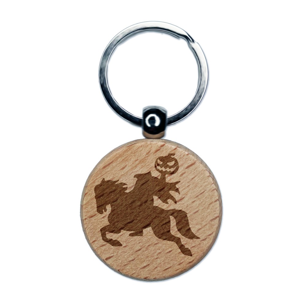 Headless Horseman Halloween Engraved Wood Round Keychain Tag Charm