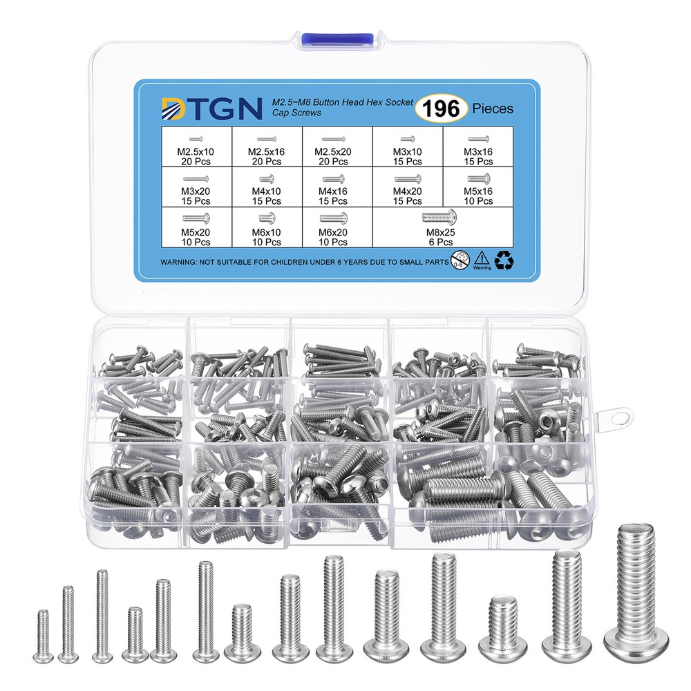 196pcs 304 Stainless Steel Button Head Socket Cap Screws Kit M2.5/M4/M5/M6/M8