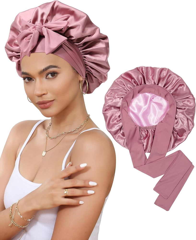 Satin Bonnet Silk Bonnet for Sleeping Silk Sleep Cap Double Layer Hair Bonnet wi