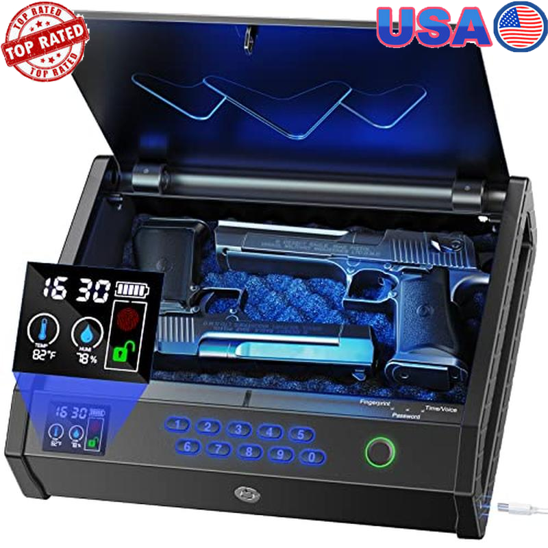 Biometric Handgun Safe W/ LCD Temperature Display USB Power 3 Access Modes Black-image