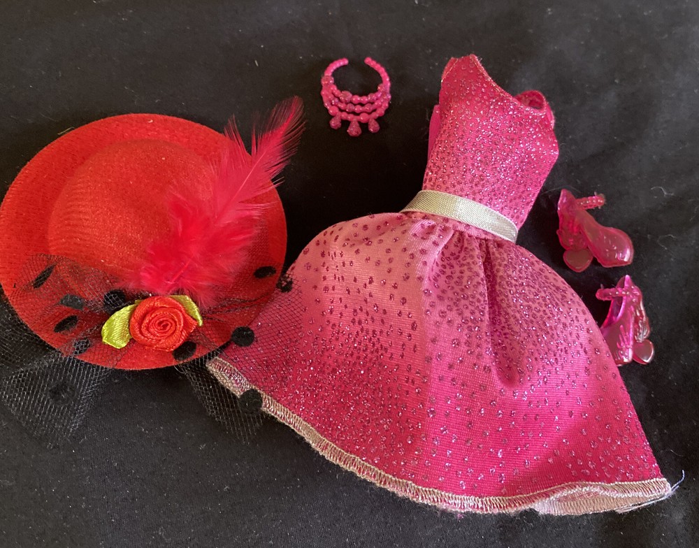 Sparkly Red Barbie Party Dress with Necklace and Fedora Shoes