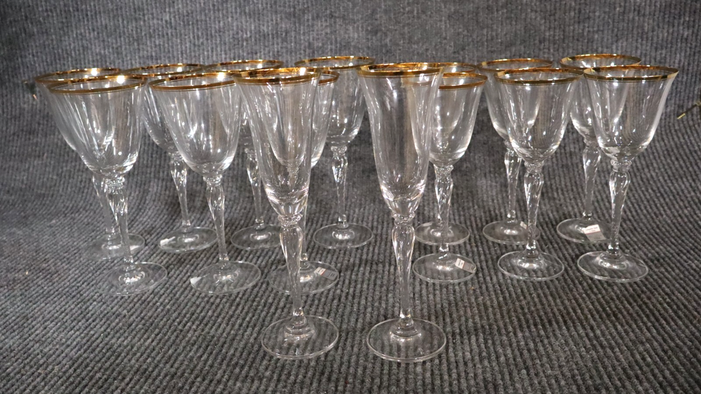 Vintage Oscar de la Renta Lafayette Gold Wine Glasses Lot of 15 Goblets & Flutes