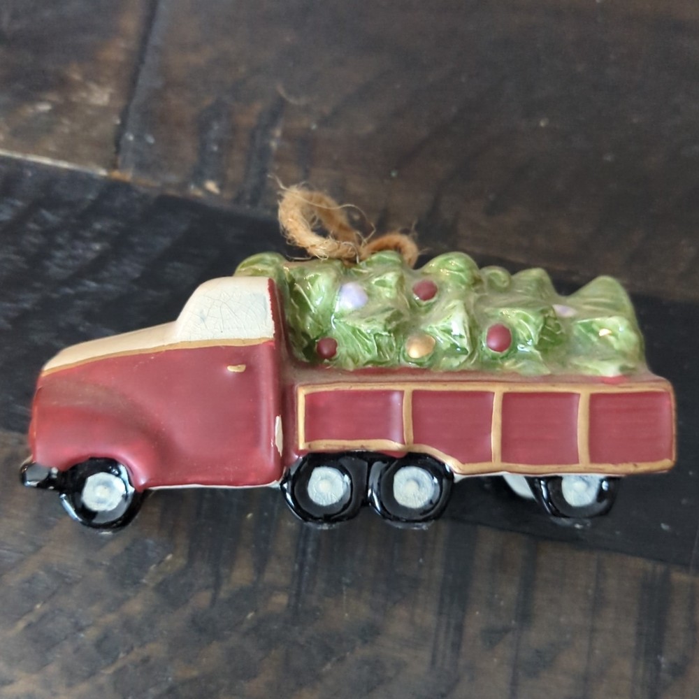 Country Christmas Truck Ceramic Ornament with Tree 4 Inch Holiday Decor