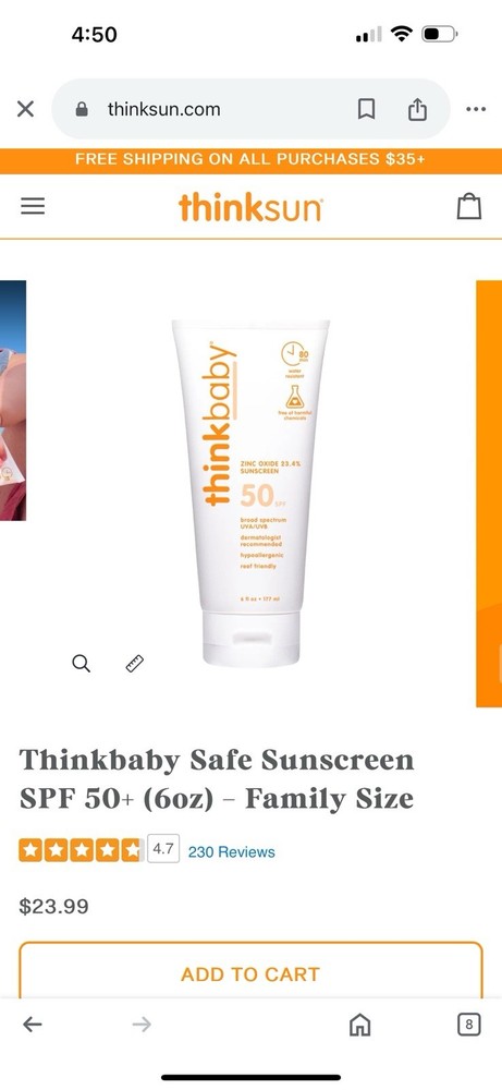Thinkbaby SPF 50+ Baby Mineral Sunscreen Lotion Natural Water Resistant 6oz New