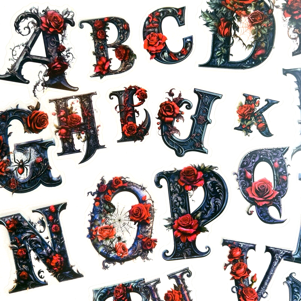 Rose Thorns Calligraphy Alphabet Letter Stickers Goth Scrapbooking Journaling