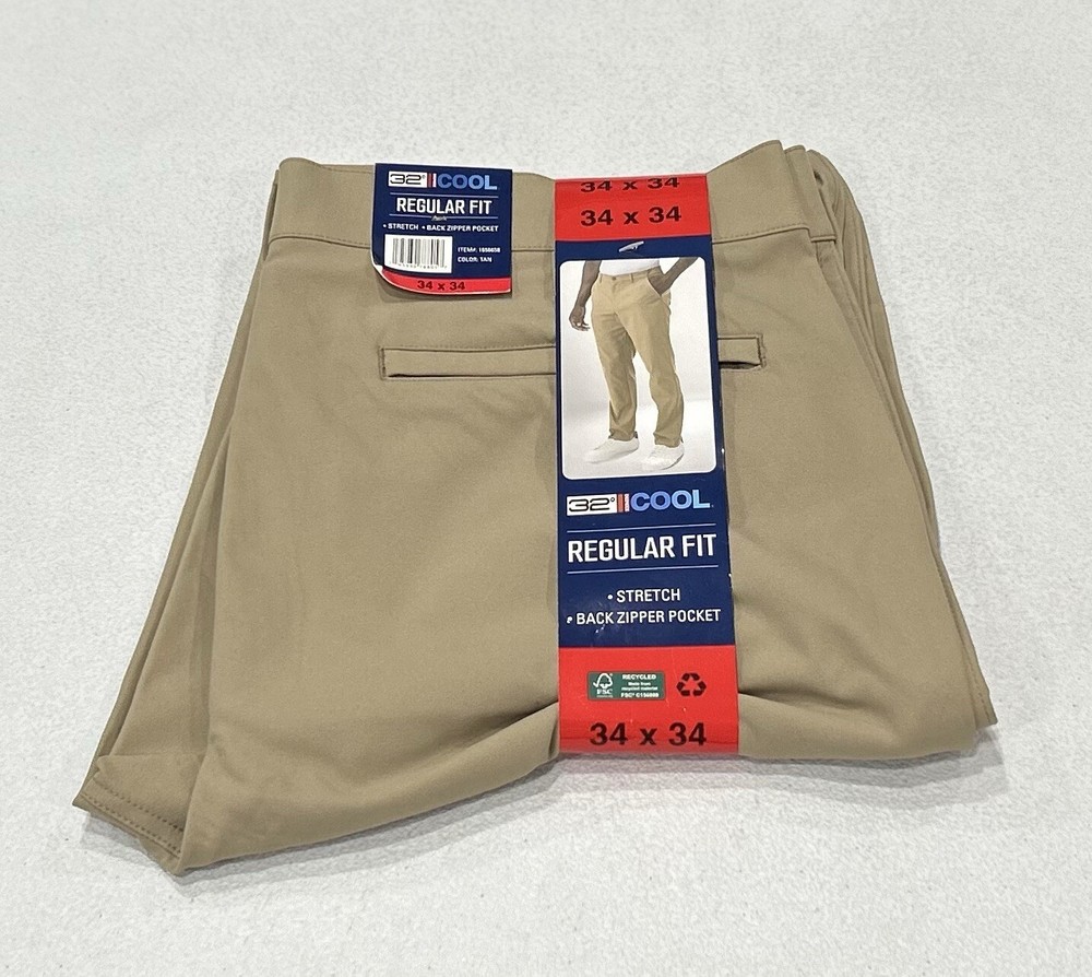 32 Degrees Men's Regular Fit Stretch Soft Touch Pocket Tech Pants, Tan, 34X34