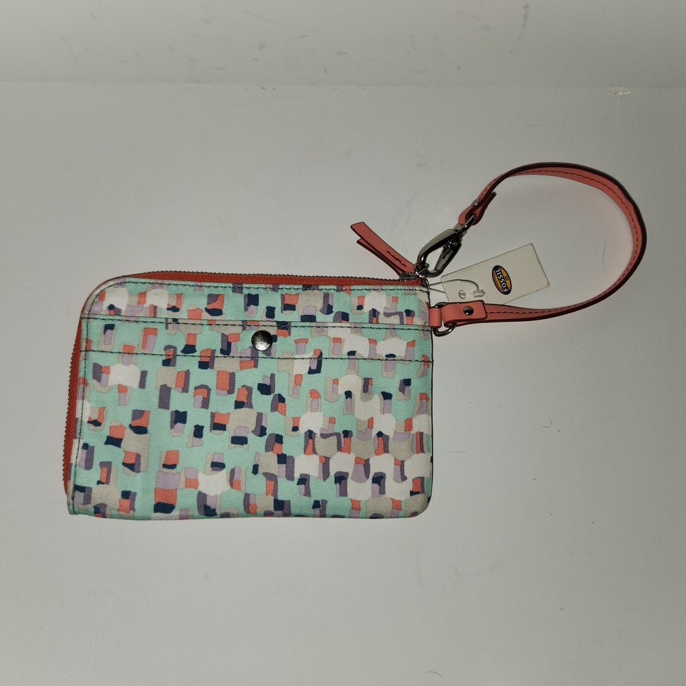 New Fossil Key-Per Wristlet Wrist Wallet  Canvas  Zip Around NWT Teal Coral