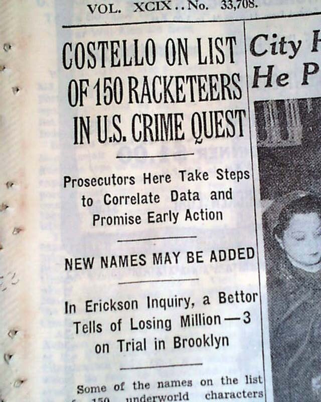 Gangster Mob Crime Family Bosses Frank Costello more Racketeering 1950 Newspaper