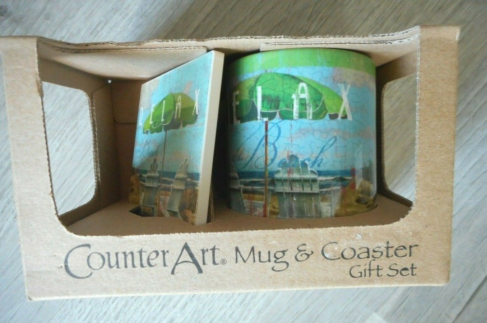 CounterArt Mug & Coaster Gift Set, Relax, Day At The Beach, New