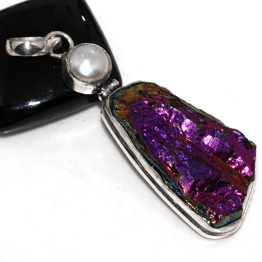 Rainbow Titanium Kyanite Pearl 925 Silver Plated Long Pendant 2.5