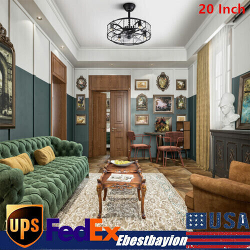 Caged Ceiling Fan w/ Light Farmhouse Remote 3 Speeds Enclosed Ceiling Fan Lamp