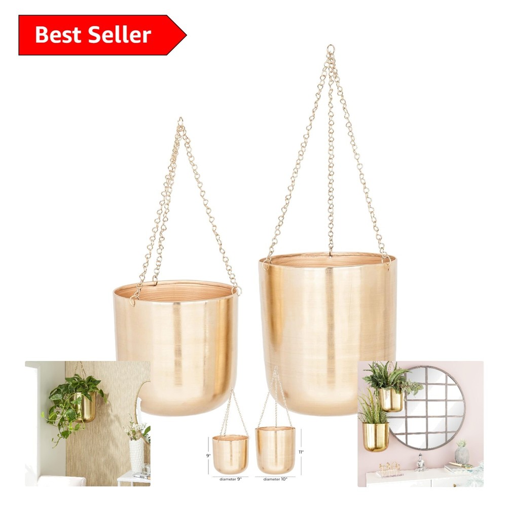 Chic Gold Metal Planters with Chains - Glam Indoor/Outdoor Hanging Set of 2