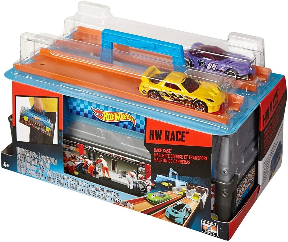 Hot Wheels Toy Cars & Track Set, Race Case Playset with 2 Vehicles in 1:64...