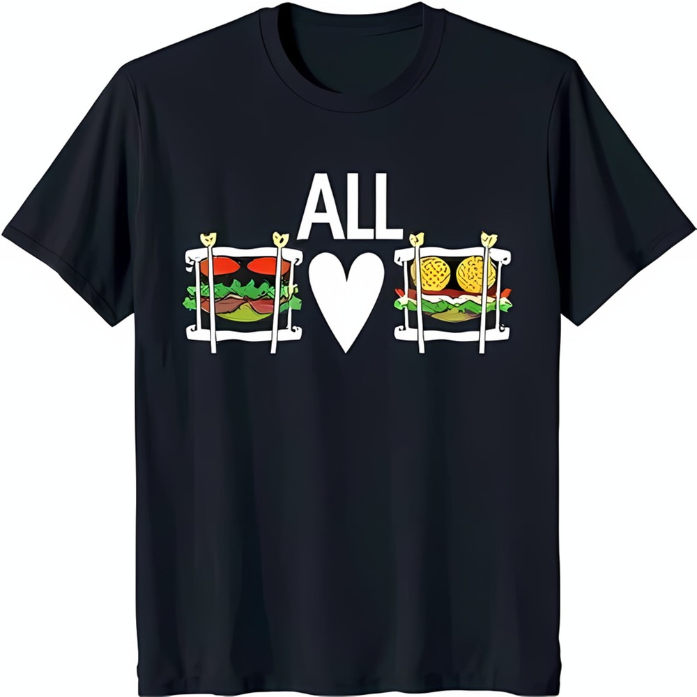Trendy Black T-Shirt with Bold 'ALL' Graphic White Heart & Fun Hamburger