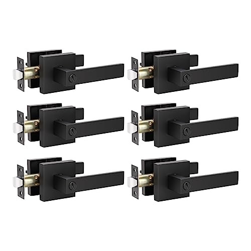 Door Handles Privacy Door Lever Bed and Bath Leverset Lockset, 6 Pack Black
