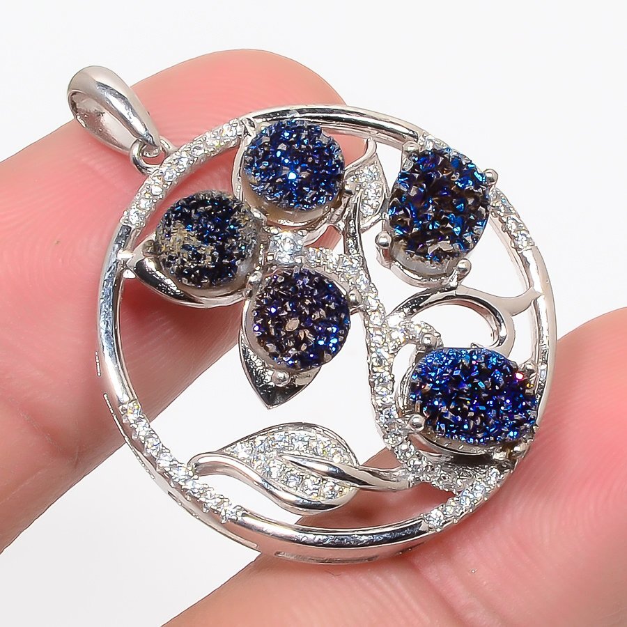 Titanium Blue Drusy and CZ 925 Sterling Silver Pendant Necklace 1.4 Inch