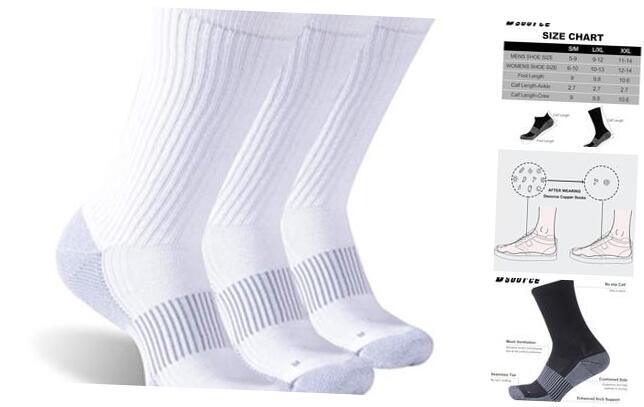 Copper Hiking Socks, Unisex Crew Small-Medium 3 Crew White Copper Socks