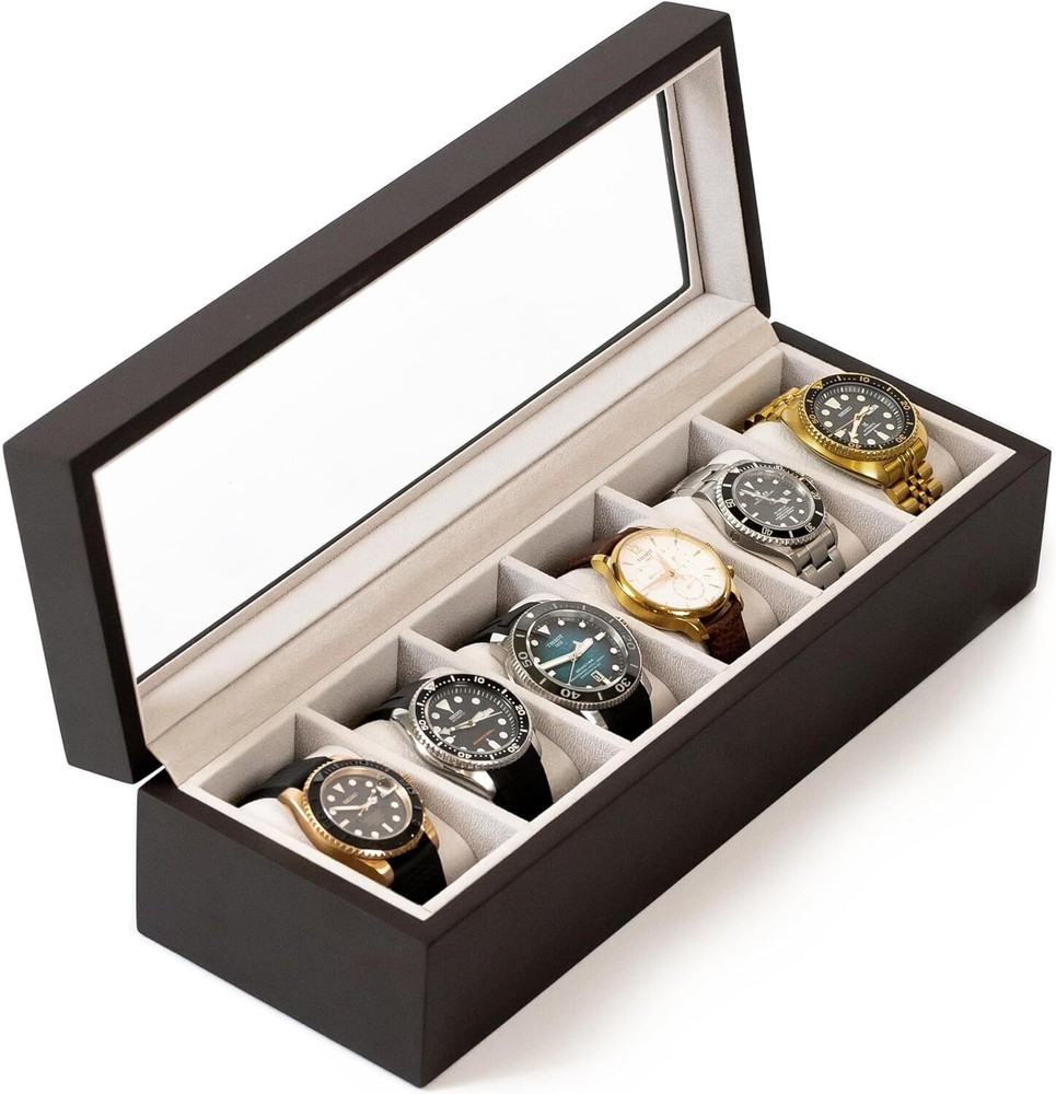 Solid Espresso Wood Watch Box Organizer with Glass Display Top