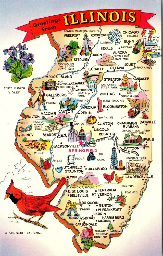 IL-Illinois, Scenic Map Greetings, Landmarks, Vintage Postcard