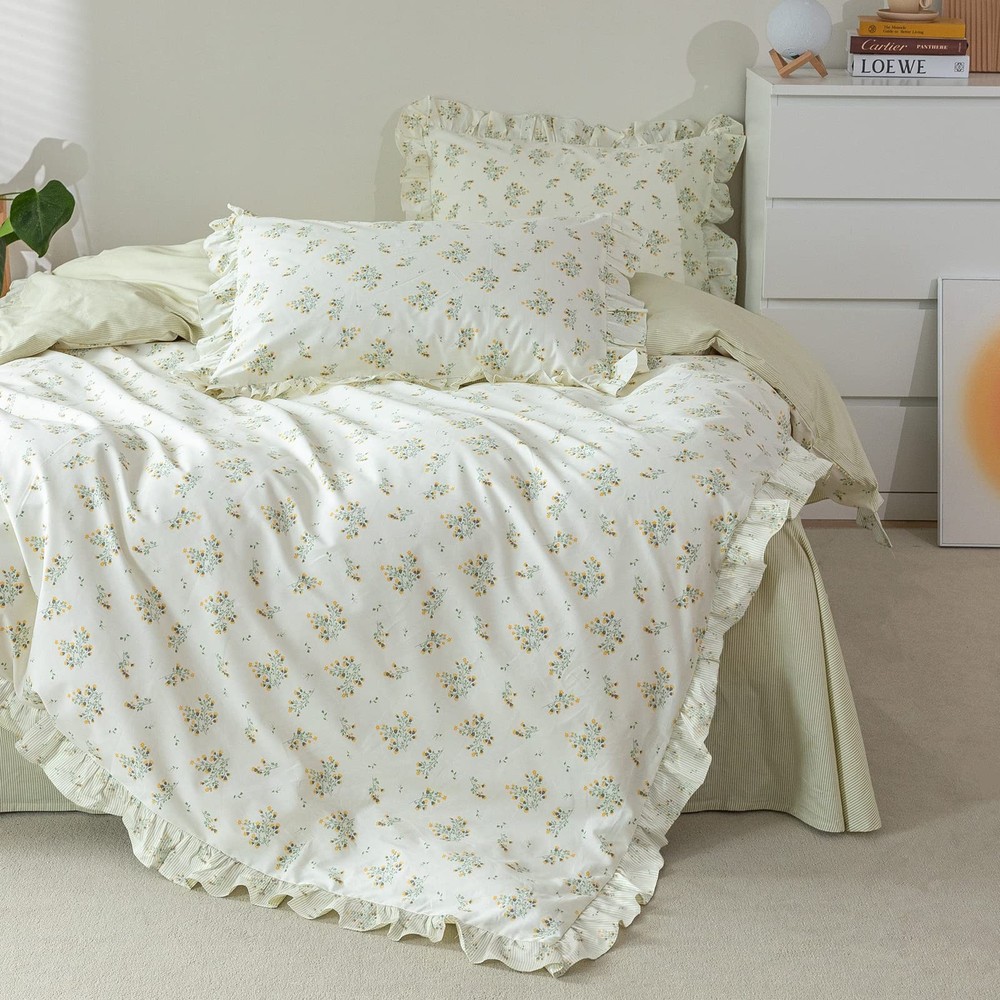 Romantic Ruffle Lace Princess Flower Duvet Cover Set 100% Cotton