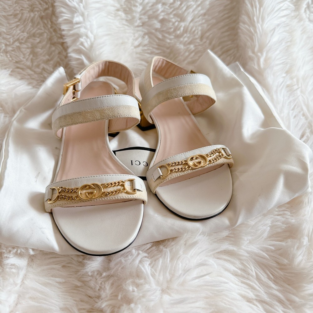 GUCCI WOMEN'S LEATHER CHAIN-SHAPED HEEL SANDALS Size 35