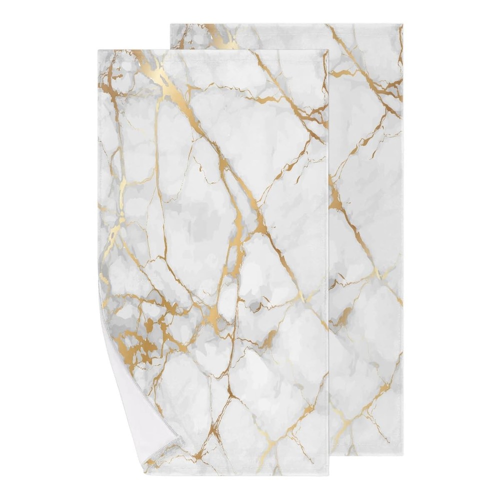 Luxury White Gold Grey Marble Hand Towels for Bathroom Set of 2 with Elegant Marble Texture