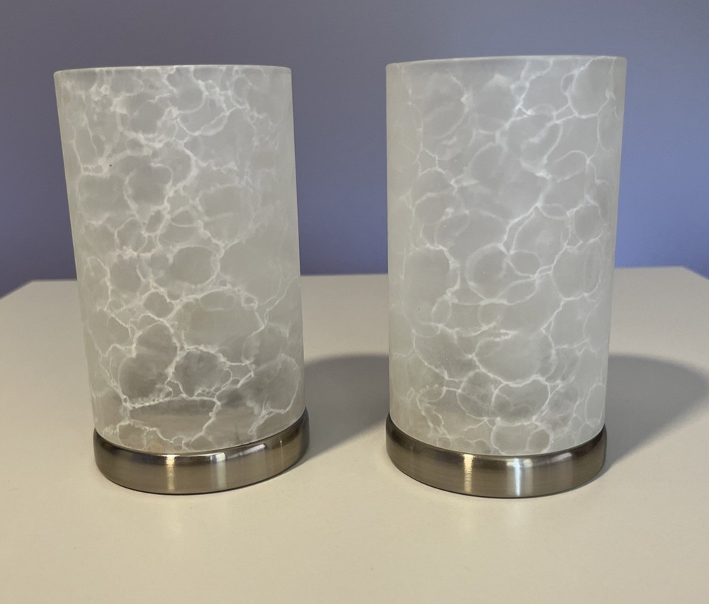 Lot Of 2 Candle Holder Marbled Glass Silver Base Tealight Included 5 1/4